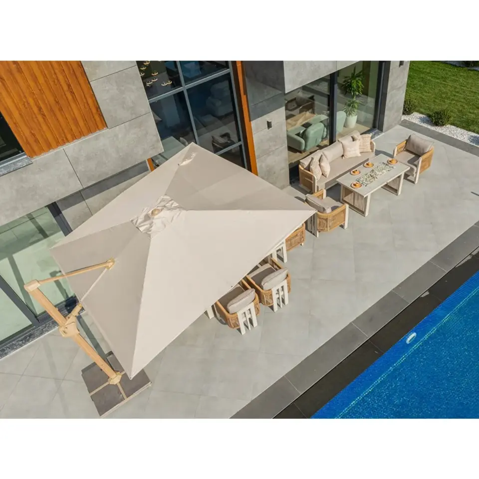 İbiza Yandan Kollu Aluminyum Bahçe Şemsiye (3x4 Mt Çap) Ahşap Desen Krem